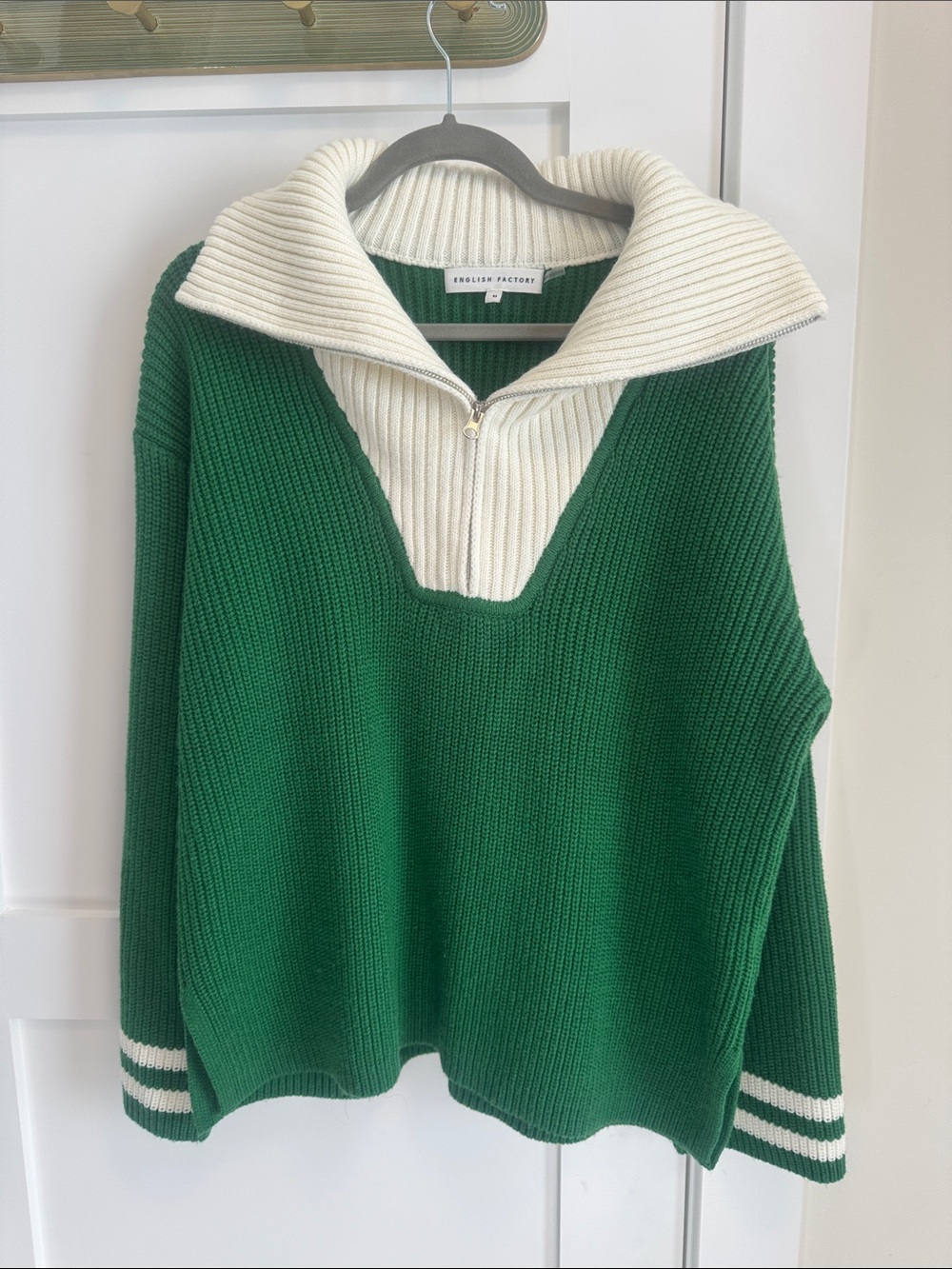 English Factory Green Sweater with Cream Zip Collar